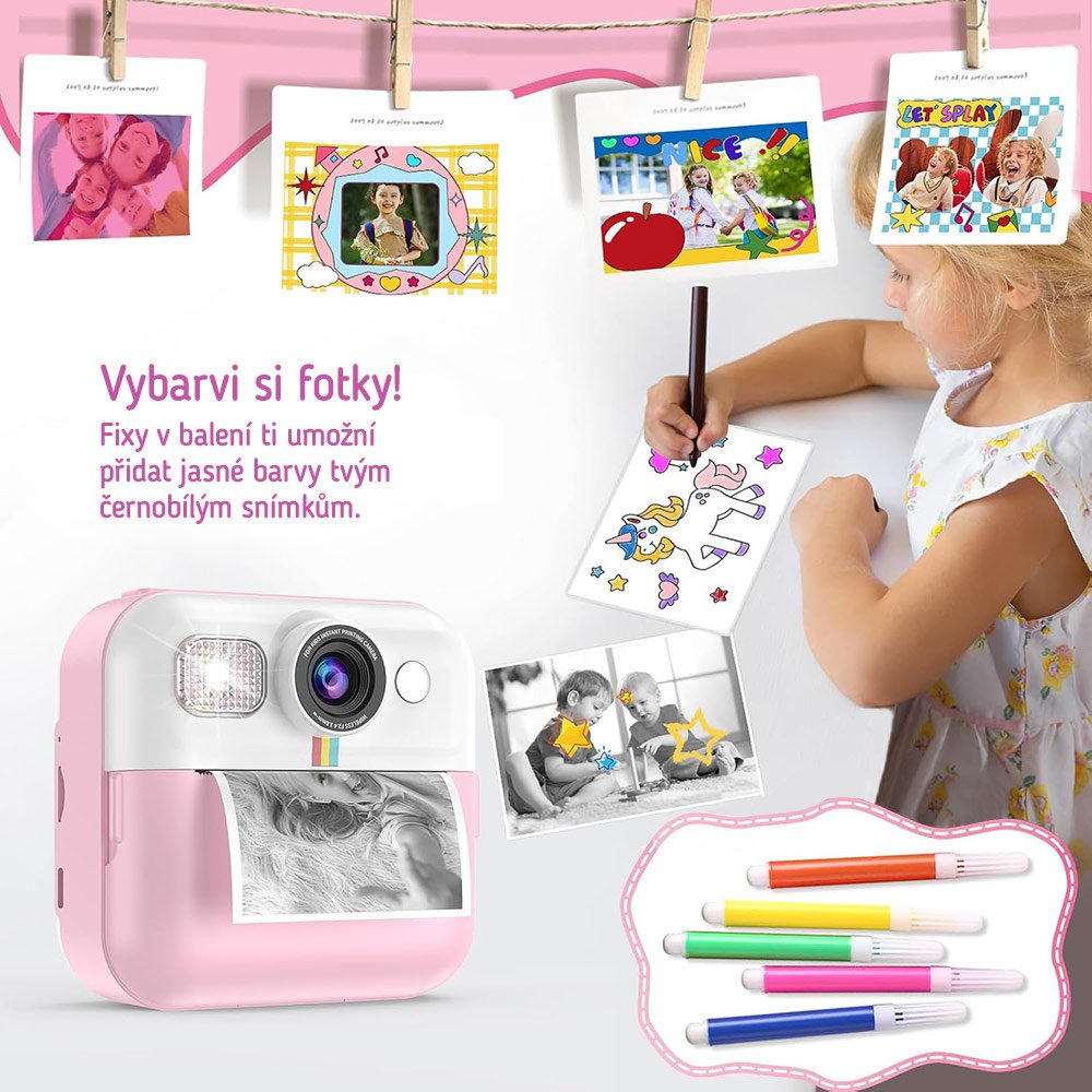 COLORWAY dětský fotoaparát a kamera s tiskárnou CW-PHP01P/ 2,4" IPS/ 1500mAh/ USB-C/ Android/ iOS/ růžová