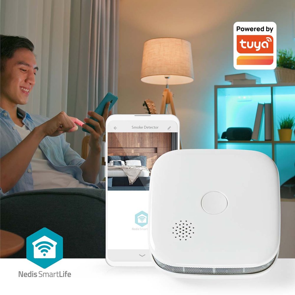 NEDIS Wi-Fi chytrý detektor kouře/ napájení z baterie/ hlasitost 85 dB/ výdrž snímače 10 let/ Android & iOS/ bílý