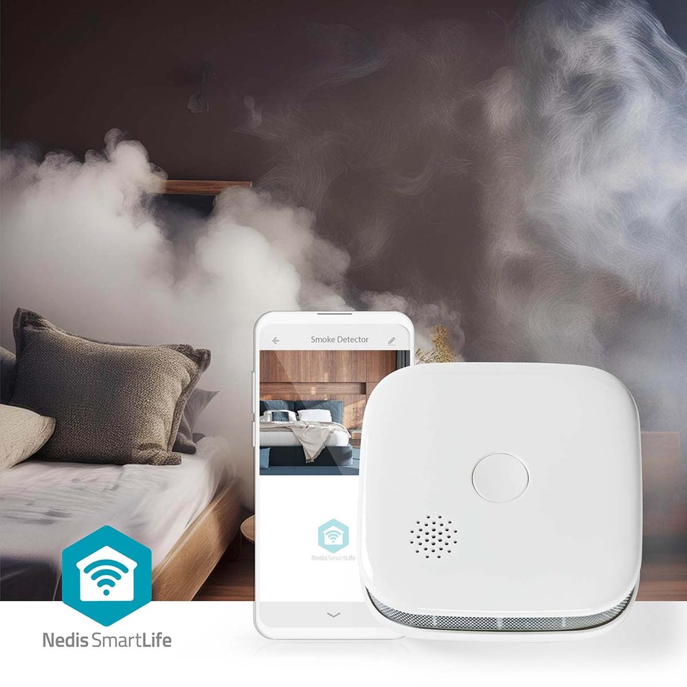 NEDIS Wi-Fi chytrý detektor kouře/ napájení z baterie/ hlasitost 85 dB/ výdrž snímače 10 let/ Android & iOS/ bílý