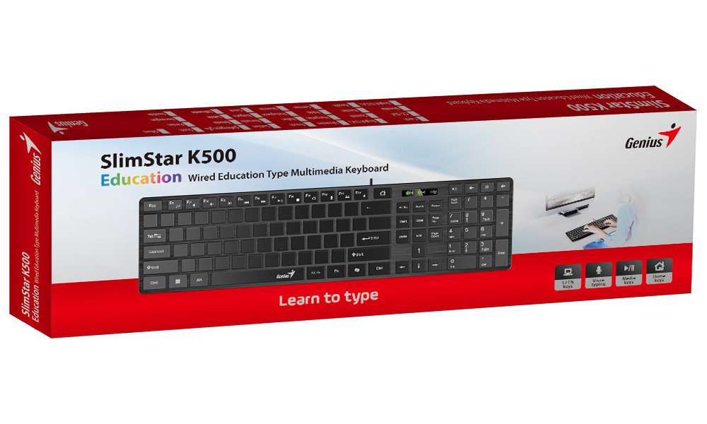 GENIUS Slimstar K500 Education/ pro výuku psaní na stroji/ Drátová/ Copilot/ USB/ černá/ layout bez písmen