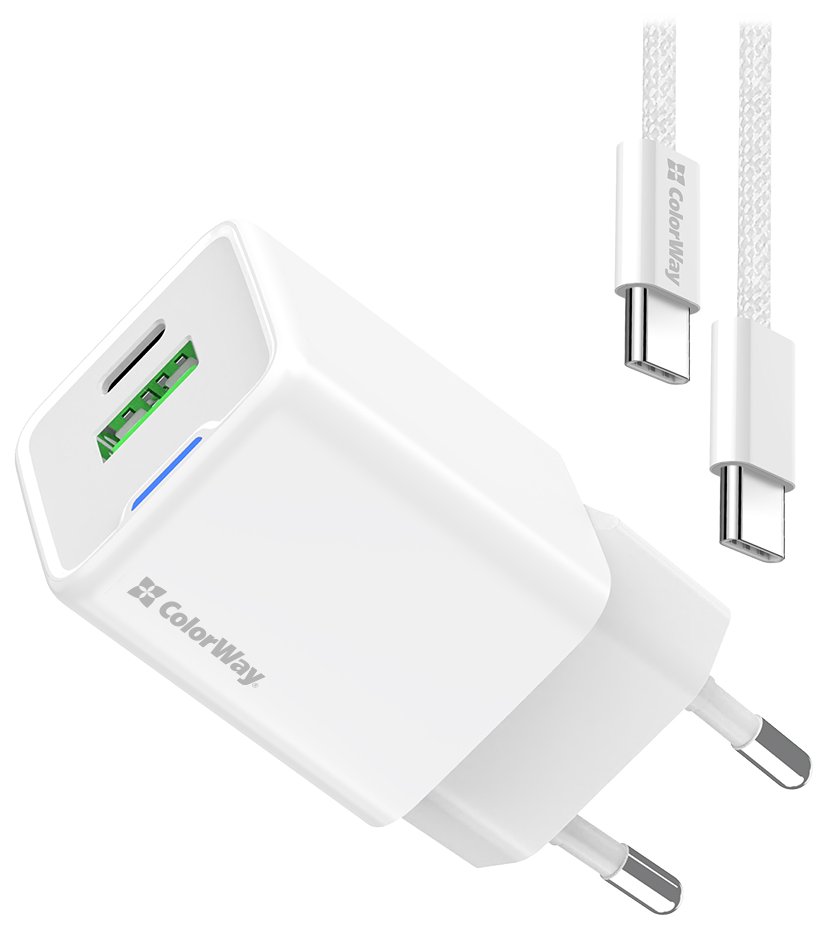 COLORWAY 1x USB-C/ 1x USB-A/ síťová nabíječka/ GaN/ PD/ PPS/ 20W/ Bílá + 1x USB-C kabel