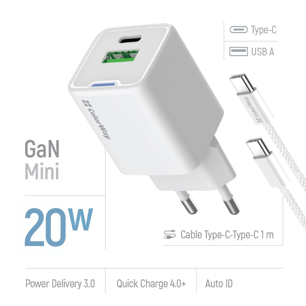 COLORWAY 1x USB-C/ 1x USB-A/ síťová nabíječka/ GaN/ PD/ PPS/ 20W/ Bílá + 1x USB-C kabel