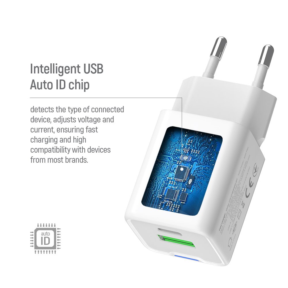 COLORWAY 1x USB-C/ 1x USB-A/ síťová nabíječka/ GaN/ PD/ PPS/ 20W/ Bílá + 1x USB-C kabel
