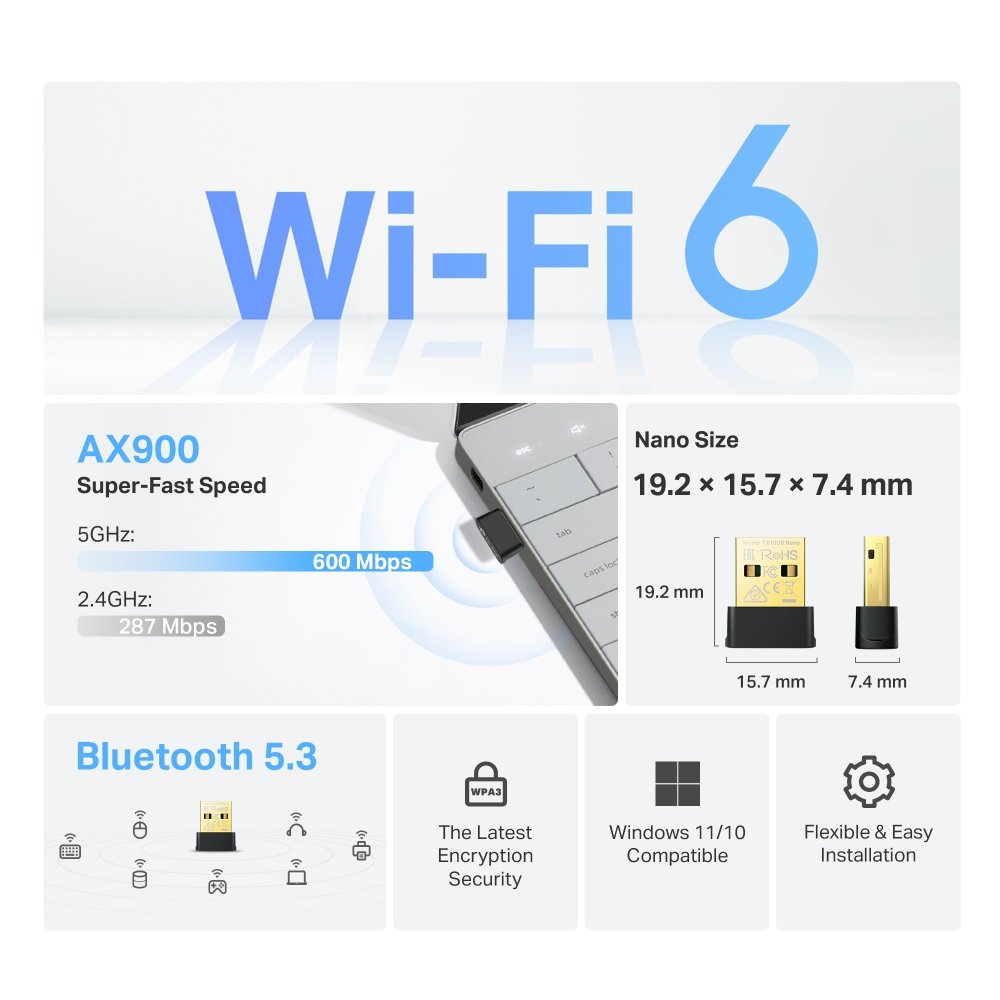 TP-Link Archer TX10UB Nano  AX900 Wi-Fi 6 USB Adaptér, 287 Mbps na 2.4GHz, 600Mbps na 5GHz,  BT 5.3, USB2.0