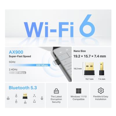 TP-Link Archer TX10UB Nano  AX900 Wi-Fi 6 USB Adaptér, 287 Mbps na 2.4GHz, 600Mbps na 5GHz,  BT 5.3, USB2.0