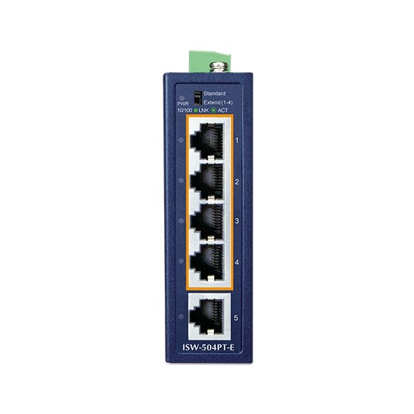 Planet ISW-504PT-E průmyslový kompaktní switch, 1x10/100TX, 4x10/100TX PoE+ 802.3at 120W, -40~75°C, 48-55VDC , IP40