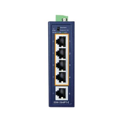 Planet ISW-504PT-E průmyslový kompaktní switch, 1x10/100TX, 4x10/100TX PoE+ 802.3at 120W, -40~75°C, 48-55VDC , IP40