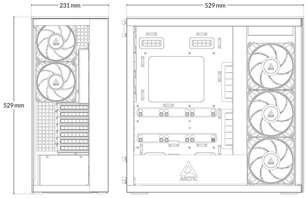 ARCTIC skříň Xtender / E-ATX / 2x120mm ARGB fan / 2xUSB / USB-C / vertical GPU kit / čiré sklo / bílá