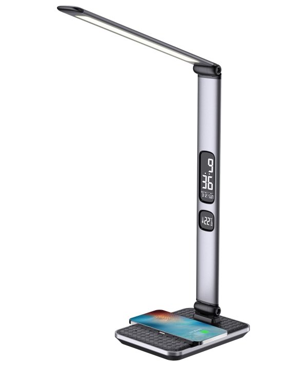 IMMAX LED stolní lampička HERON NEW/ Qi nabíjení/ 8,5W/ DC 12V/2A/ stmívatelná/ sklápěcí rameno/ stříbrná