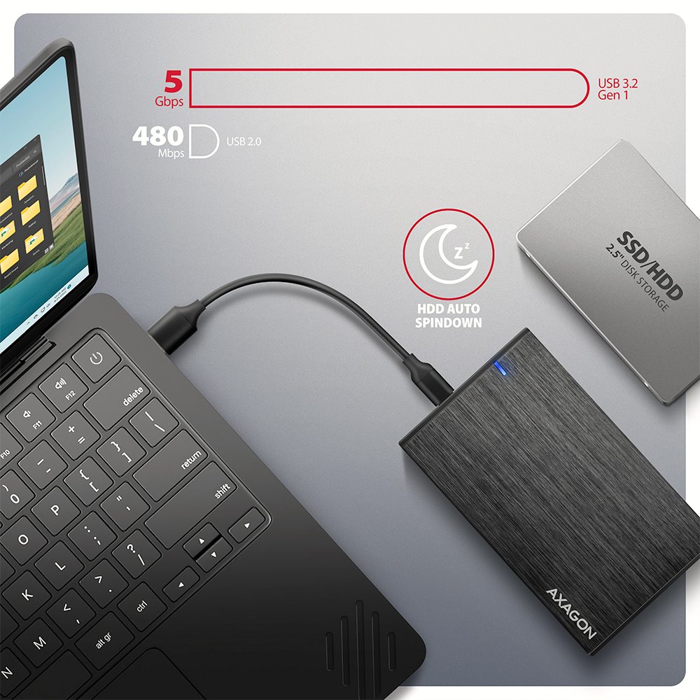 AXAGON hliníkový box pro 2,5" SATA SSD/HDD / EE25-XA6C / USB-C 3.2 Gen 1 / kabel 50cm