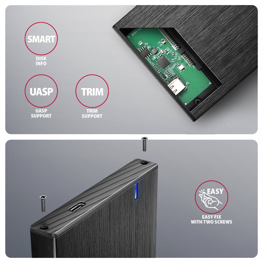 AXAGON hliníkový box pro 2,5" SATA SSD/HDD / EE25-XA6C / USB-C 3.2 Gen 1 / kabel 50cm
