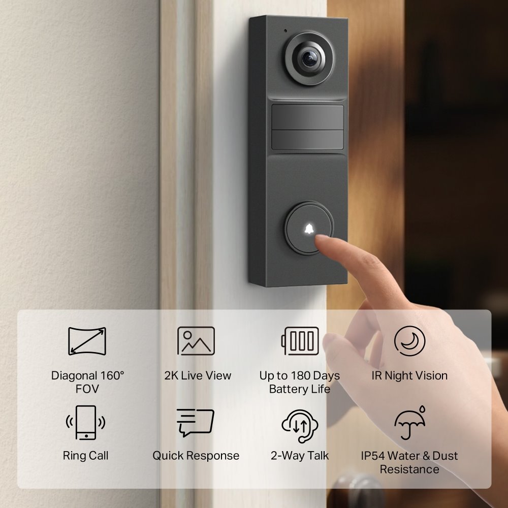TP-Link Tapo D205, Chytrý Video zvonek, 3MP kamera, detekce osob, 160° zorné pole, IP54, SD slot, bez hubu