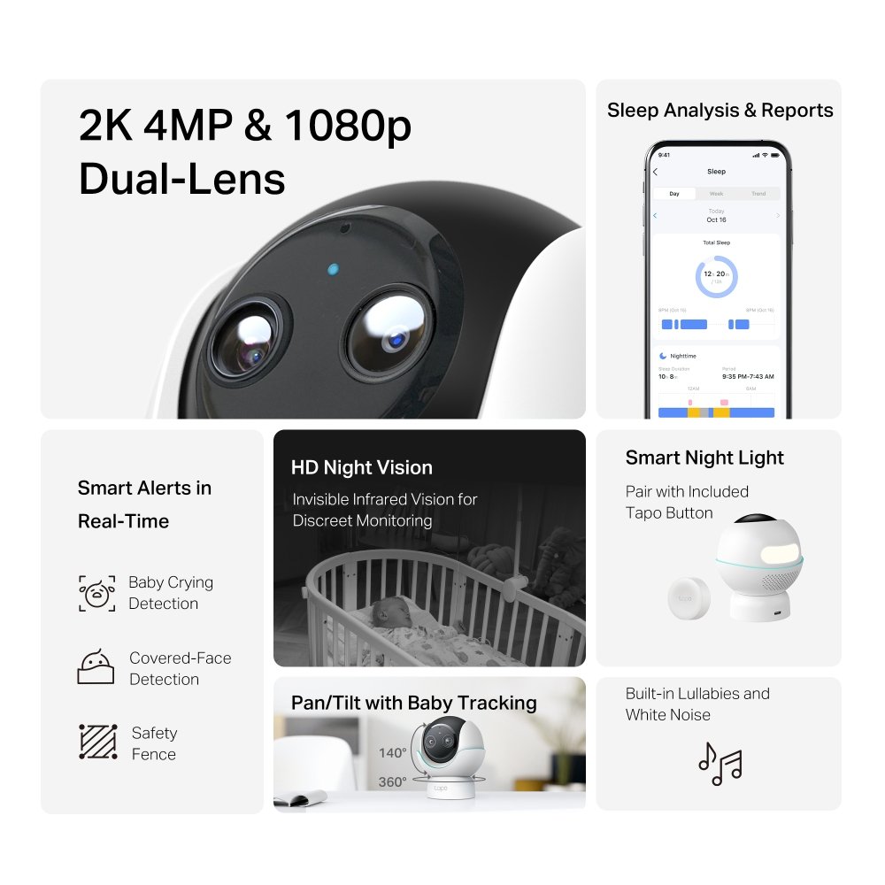 TP-Link Tapo C840 dětská chůvička s dvojitým objektivem, 2K,2560 x 1440, AI detekce audio, MicroSD
