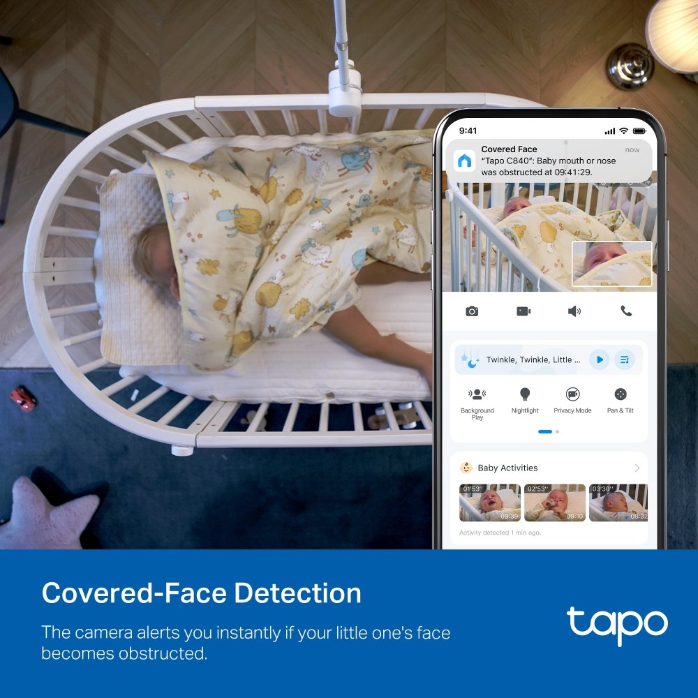 TP-Link Tapo C840 dětská chůvička s dvojitým objektivem, 2K,2560 x 1440, AI detekce audio, MicroSD
