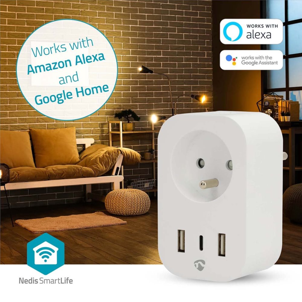 NEDIS Wi-Fi chytrá zásuvka/ měřič spotřeby/ 16A/ francouzský typ E/ IP21/ 3680 W/ 1x USB-C/ 2x USB/ bílá
