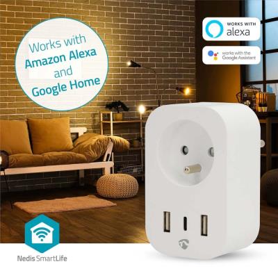 NEDIS Wi-Fi chytrá zásuvka/ měřič spotřeby/ 16A/ francouzský typ E/ IP21/ 3680 W/ 1x USB-C/ 2x USB/ bílá