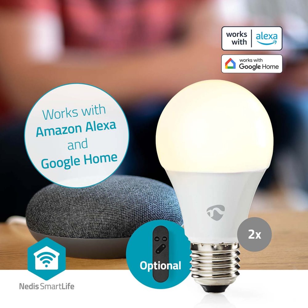 NEDIS Wi-Fi chytrá LED žárovka/ E27/ A60/ 9W/ 230V/ 806 lm/ teplá až studená bílá/ 2700 - 6500K/ RGB/ stmívatelná/ 2ks
