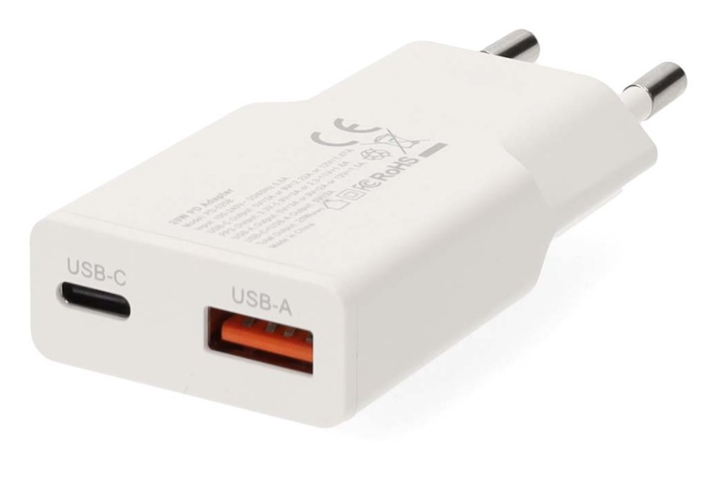 NEDIS síťová nabíječka/ 20 W/ PD 3.0/ rychlé nabíjení/ 1.5 / 2.0 / 2.22 / 3.0 A/ USB-A/ USB-C/ bílá