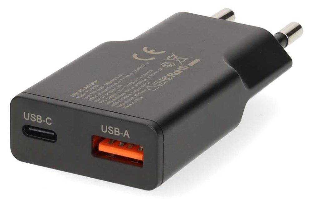NEDIS síťová nabíječka/ 30 W/ PD 3.0/ rychlé nabíjení/ 1.5 / 2.0 / 2.22 / 3.0 A/ USB-A/ USB-C/ černá
