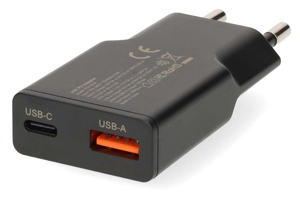 NEDIS síťová nabíječka/ 20 W/ PD 3.0/ rychlé nabíjení/ 1.5 / 2.0 / 2.22 / 3.0 A/ USB-A/ USB-C/ černá/ kabel 1,5m