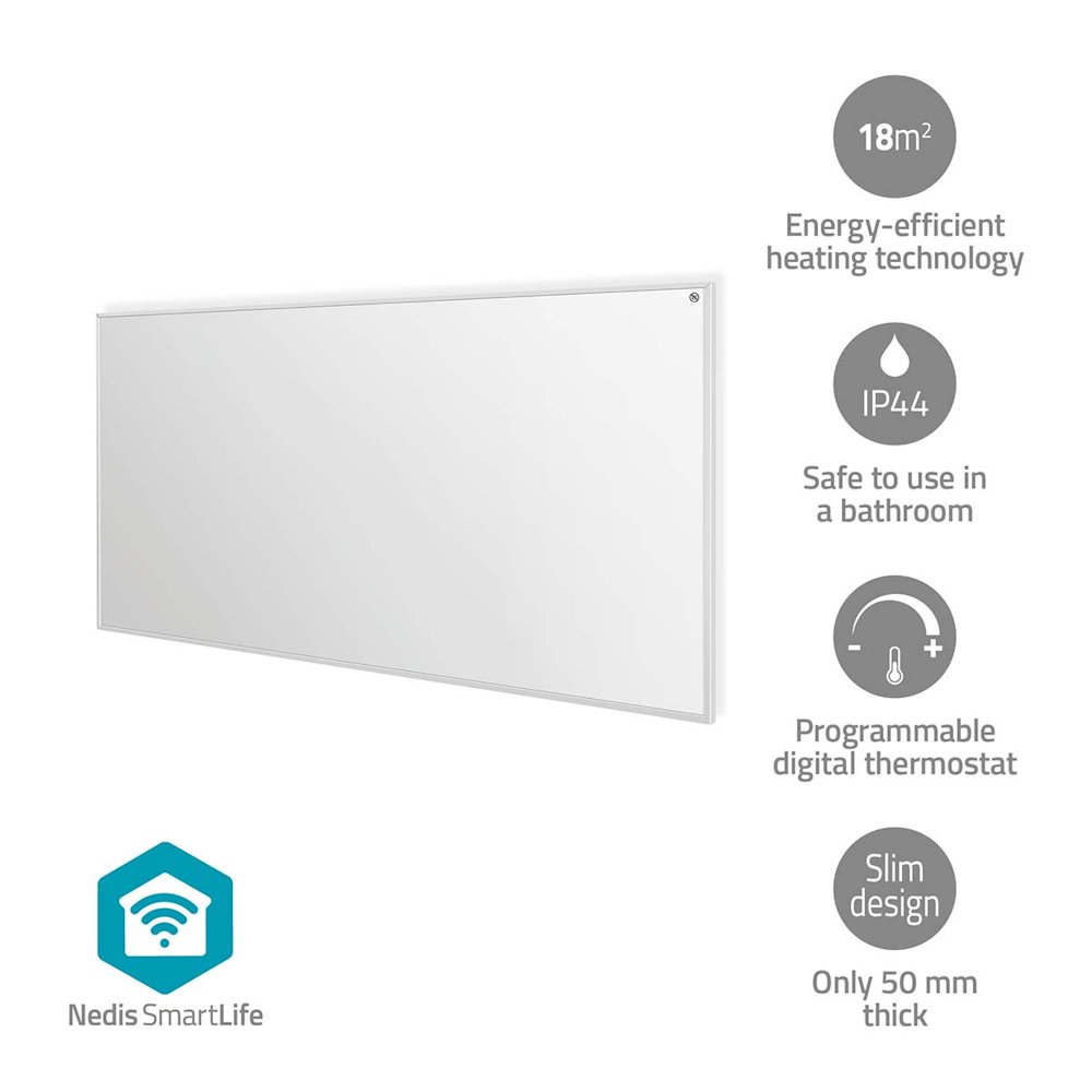 NEDIS Wi-Fi chytrý infračervený topný panel/ 700W/ 120 x 620 x 240 mm/ nastavení teploty/ termostat/ IP44/ DO/ bílý