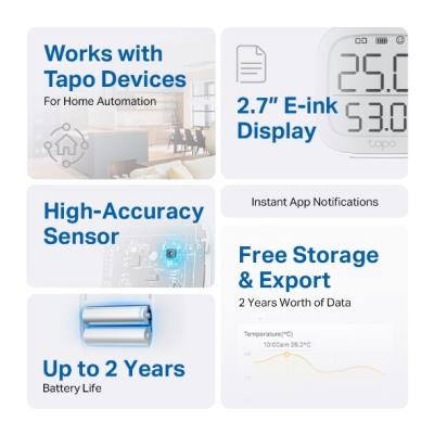 TP-Link Tapo T315, Chytrý teploměr, přesné měření teploty a vlhkosti, vyžaduje Tapo smart hub H100