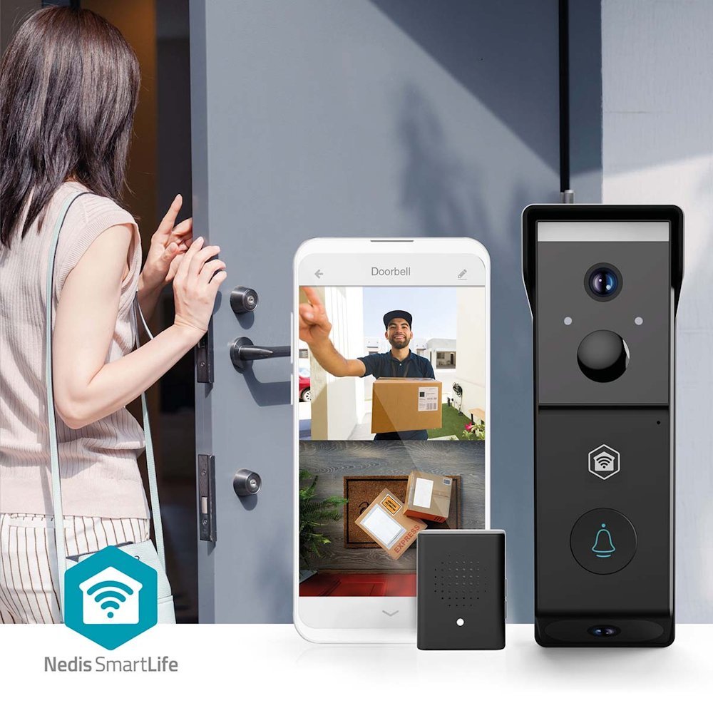NEDIS Wi-Fi chytrý dveřní videotelefon/ 2x 1920x1080/ 4Mpix/ napájení z baterie/ IP54/ snímač pohybu/ noční vidění/ čern
