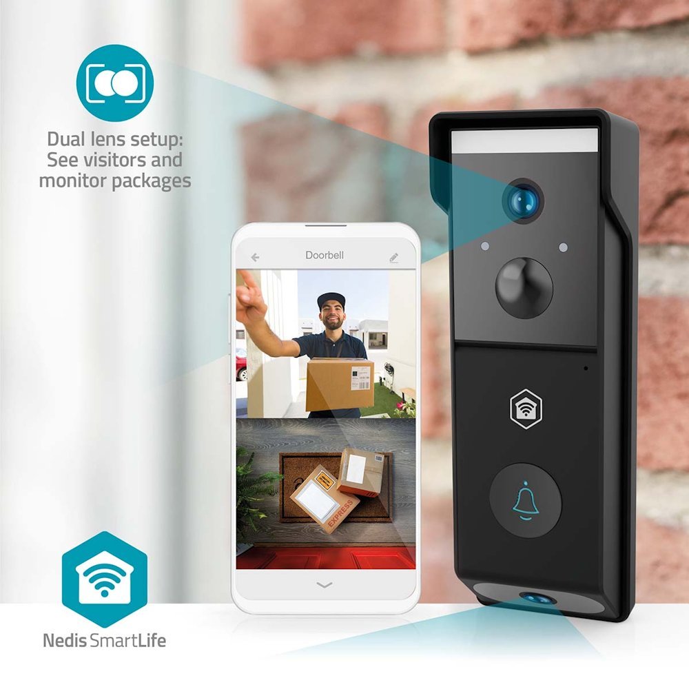 NEDIS Wi-Fi chytrý dveřní videotelefon/ 2x 1920x1080/ 4Mpix/ napájení z baterie/ IP54/ snímač pohybu/ noční vidění/ čern