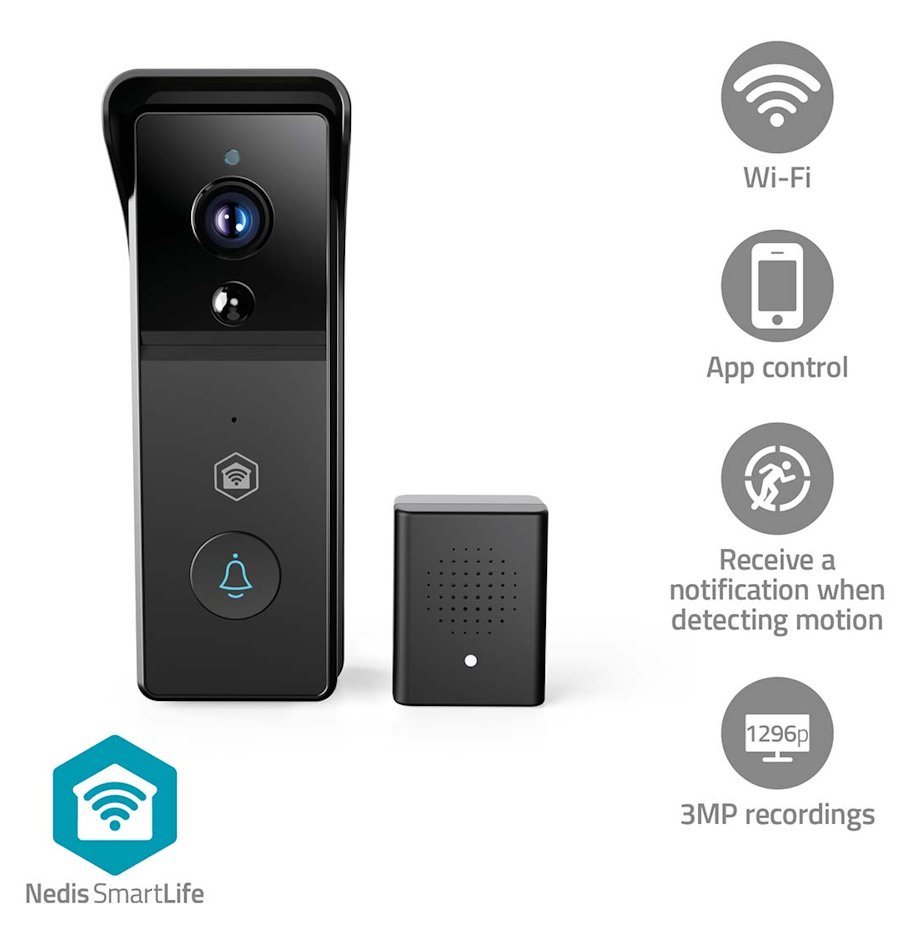NEDIS Wi-Fi chytrý dveřní videotelefon/ 2304x1296 / 3Mpix/ napájení z baterie/ IP44/ snímač pohybu/ noční vidění/ černý