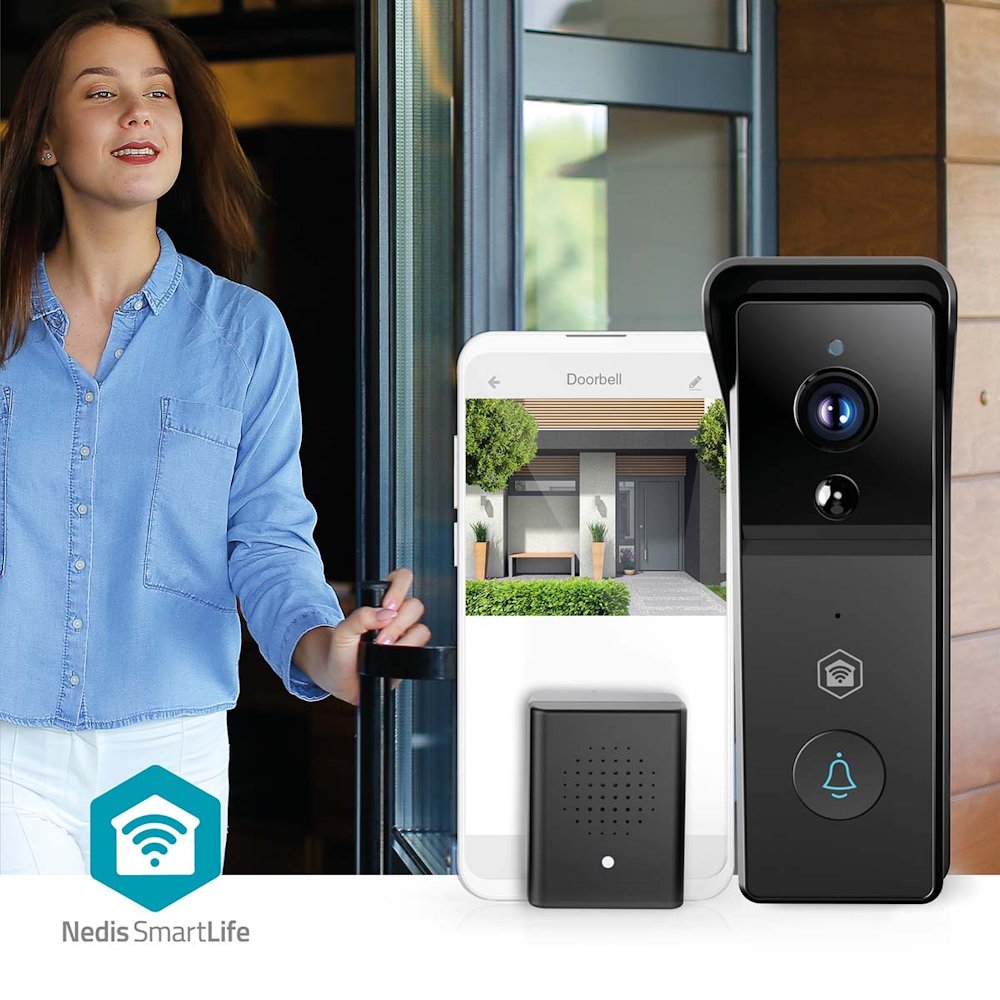 NEDIS Wi-Fi chytrý dveřní videotelefon/ 2304x1296 / 3Mpix/ napájení z baterie/ IP44/ snímač pohybu/ noční vidění/ černý