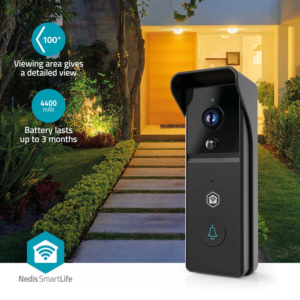 NEDIS Wi-Fi chytrý dveřní videotelefon/ 2304x1296 / 3Mpix/ napájení z baterie/ IP44/ snímač pohybu/ noční vidění/ černý
