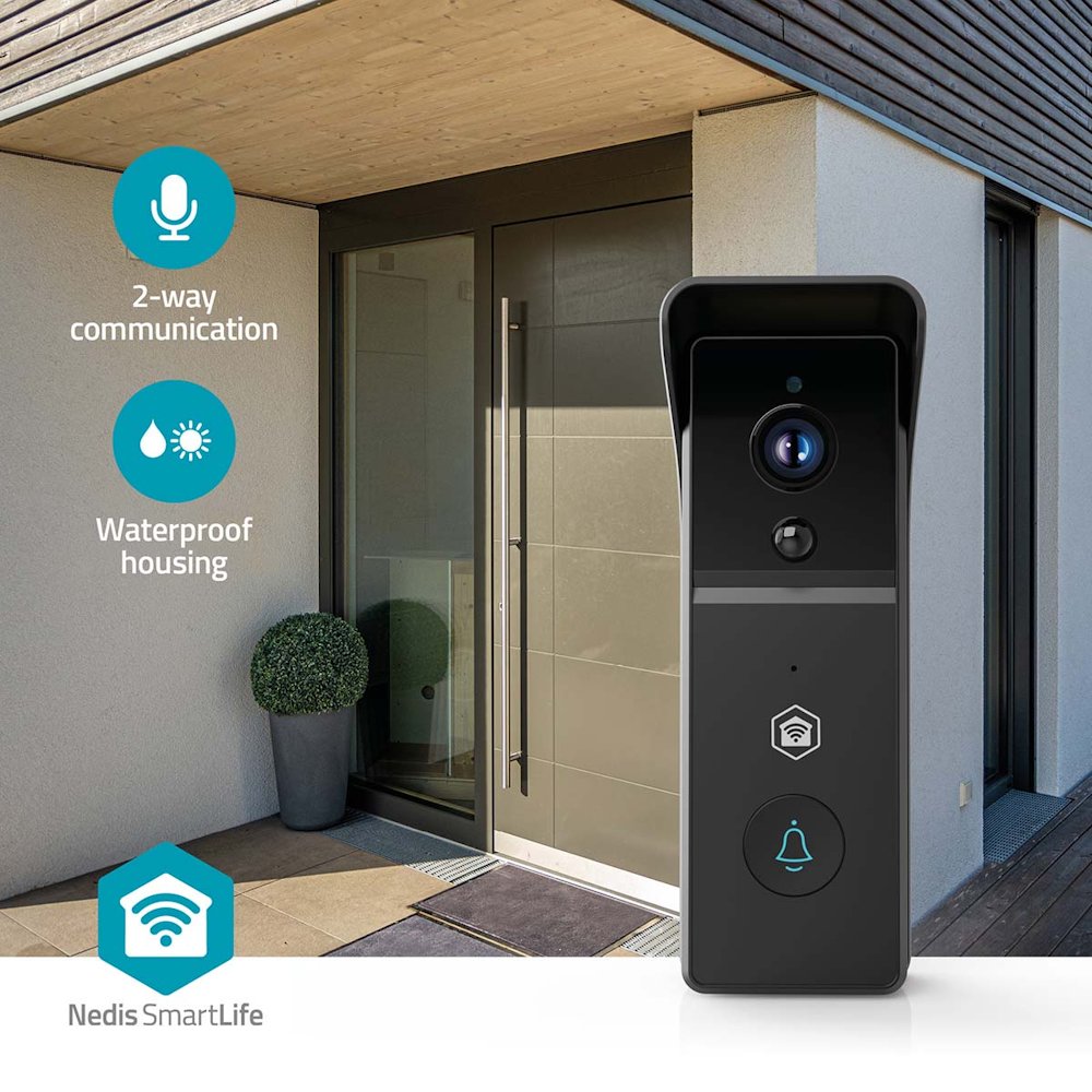 NEDIS Wi-Fi chytrý dveřní videotelefon/ 2304x1296 / 3Mpix/ napájení z baterie/ IP44/ snímač pohybu/ noční vidění/ černý
