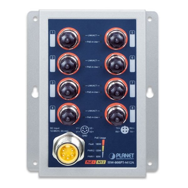 Planet Průmyslový PoE switch 8x 100Mb, PoE 802.3at 36W/180W, IP50, -40~+75°C, 12-56VDC, M12 konektory