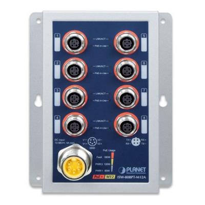Planet Průmyslový PoE switch 8x 100Mb, PoE 802.3at 36W/180W, IP50, -40~+75°C, 12-56VDC, M12 konektory
