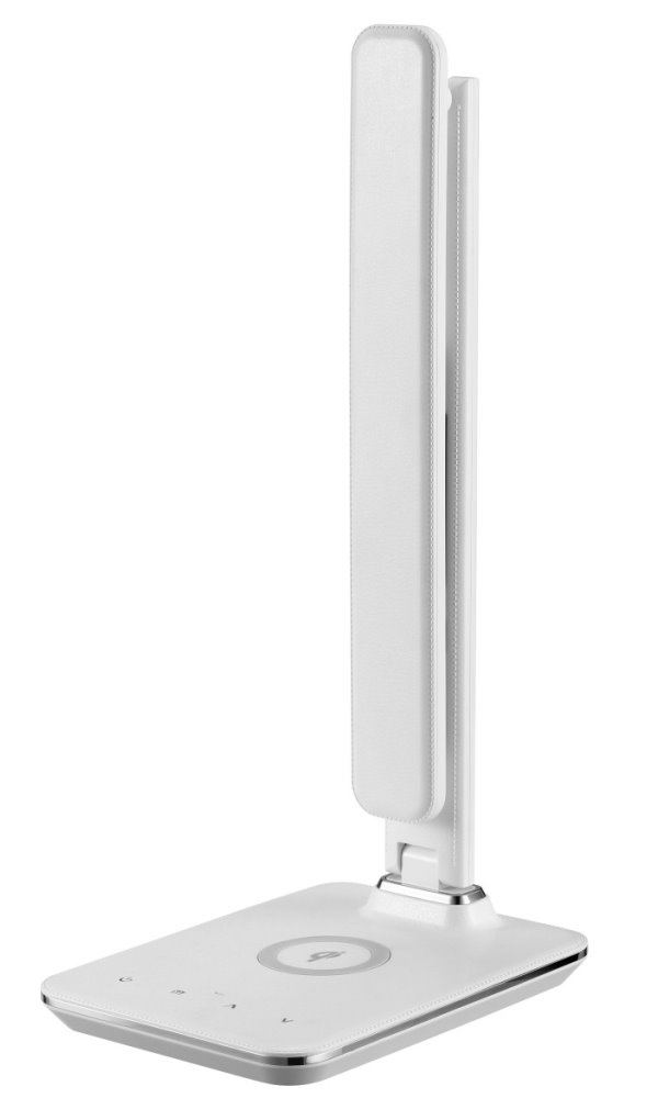 IMMAX LED stolní lampička Kingfisher/ Qi nabíjení/ 8,5W/ 400lm/ 12V/2,5A/ 3 barvy světla/ sklápěcí rameno/ bílá
