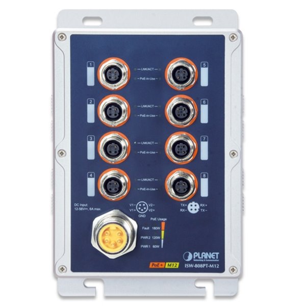 Planet vodotěsný průmyslový PoE switch, 8xFE M12, 8x PoE 802.3at 30W/180W, -40~+75°C, 12-56VDC, IP67