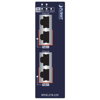 Planet IPOE-270-12V PoE průmyslový injektor, 2x port, 4x 1/2.5/5Gb, 2x 802.3bt 95/180W, DIN, IP30, -40~75°C, 12-56VDC