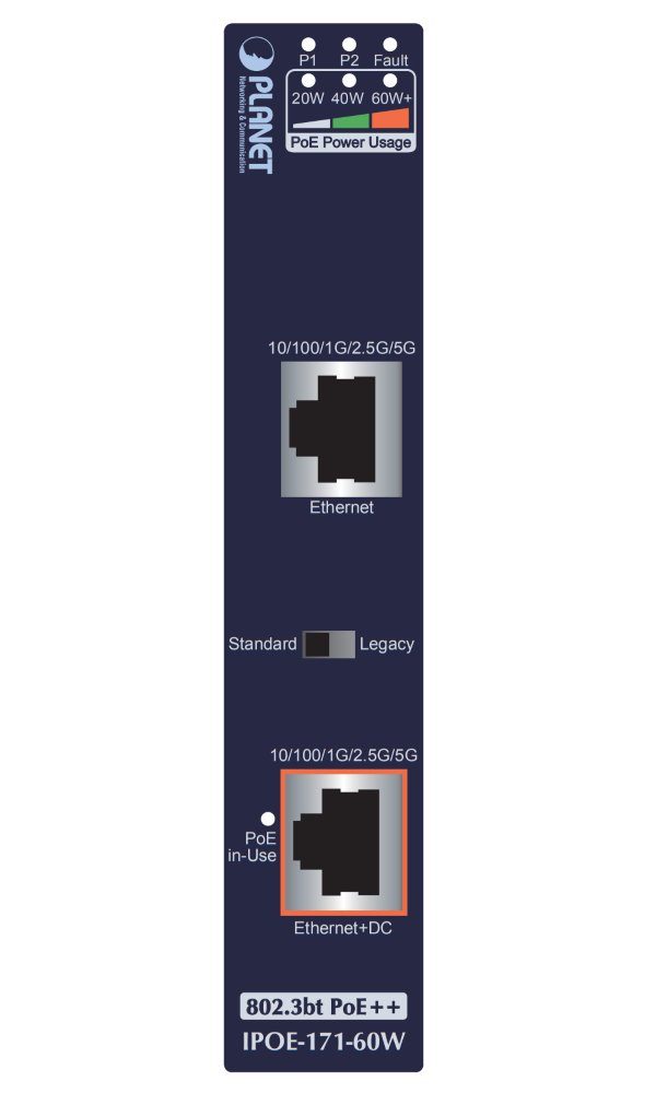 Planet IPOE-171-60W PoE injektor IEEE802.3bt, 60W, DIN, IP30, -40~75°C