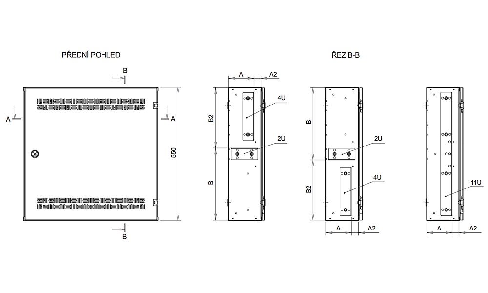 Solarix rozvaděč SOHO LC-18 s lištami 2U, 4U a 11U, 550x550x150mm, bílá RAL 9003