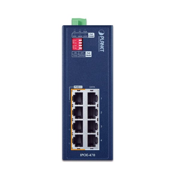 Planet IPOE-470 PoE průmyslový injektor, 8x 1Gb, 4x 802.3bt 95/240W, DIN, IP30, -40~75°C, 48-54VDC