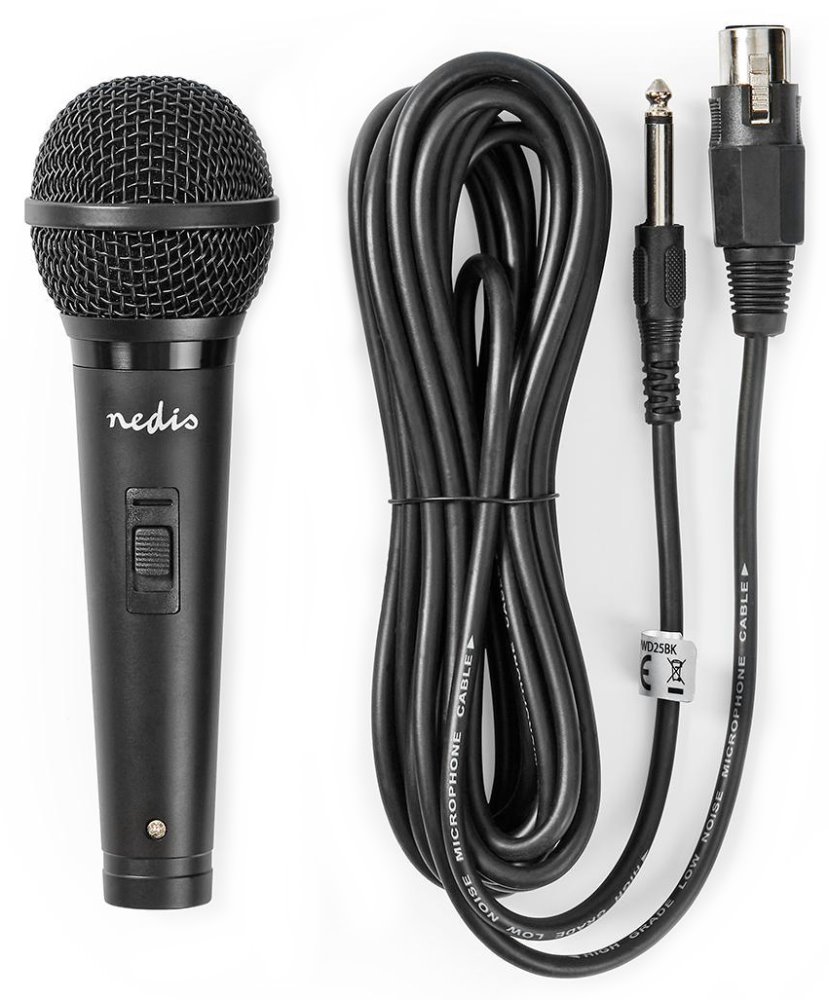 NEDIS kabelový mikrofon/ Kardioid/ odnímatelný kabel 5m/ 600 Ohm/ -72 dB/ jack 6.35 mm/ vypínač/ ABS/ černý