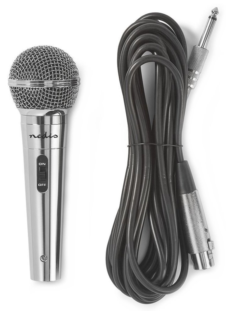 NEDIS kabelový mikrofon/ Kardioid/ odnímatelný kabel 5m/ 600 Ohm/ -72 dB/ jack 6.35 mm/ vypínač/ kov/ stříbrný