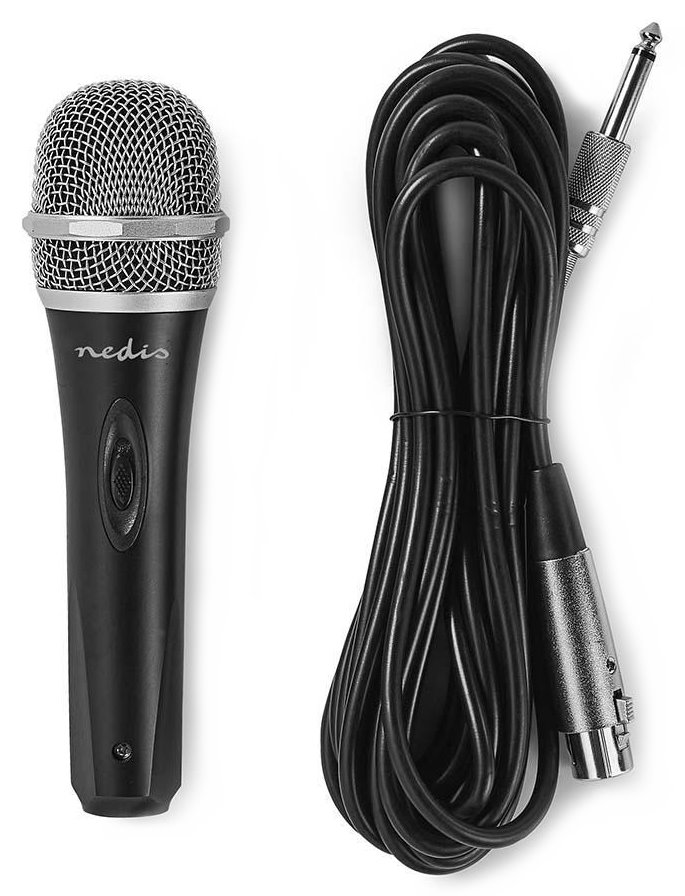 NEDIS kabelový mikrofon/ Kardioid/ odnímatelný kabel 5m/ 600 Ohm/ -72 dB/ jack 6.35 mm/ vypínač/ kov/ černo-šedý