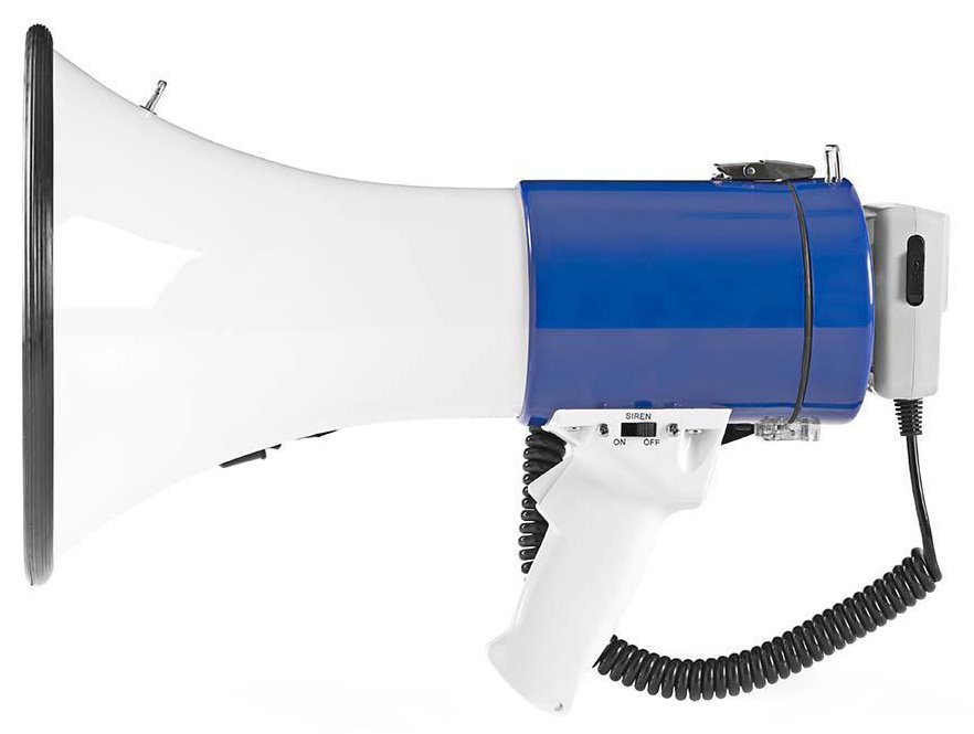 NEDIS megafon/ rozsah 1500m/ hlasitost 135dB/ odnímatelný mikrofon/ vestavěná siréna/ ramenní popruh/ bílo-modrý