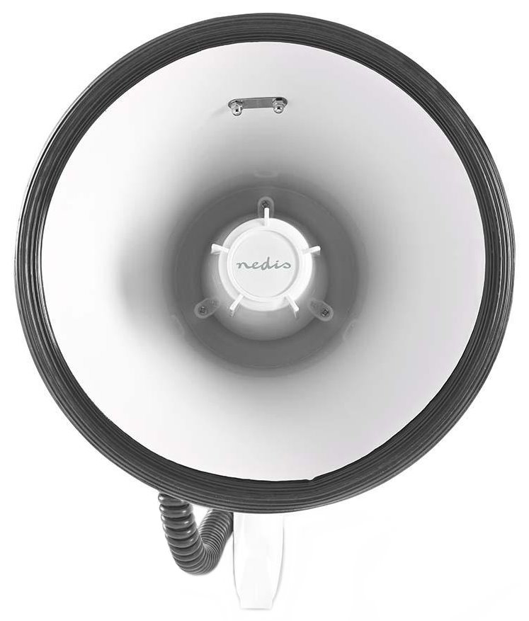 NEDIS megafon/ rozsah 1500m/ hlasitost 135dB/ odnímatelný mikrofon/ vestavěná siréna/ ramenní popruh/ bílo-modrý