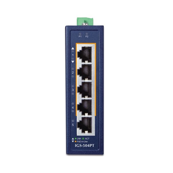 Planet IGS-504PT Průmyslový PoE switch, 5x1Gb, 4x PoE 802.3at 120W, -40až75°C, dual 48-54VDC, IP30, fanless