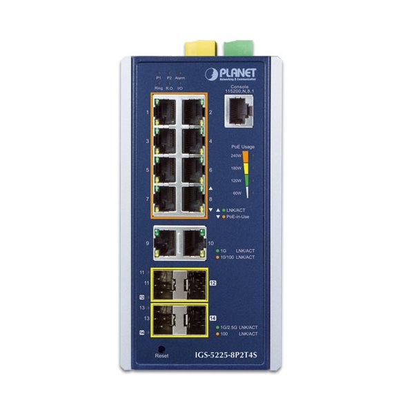 Planet IGS-5225-8P2T4S průmyslový L3 switch, 8x1Gb, 2x1Gb SFP, 2x2.5Gb SFP, 8x PoE 802.3at 240W, dual 48-54VDC, -40~75°C