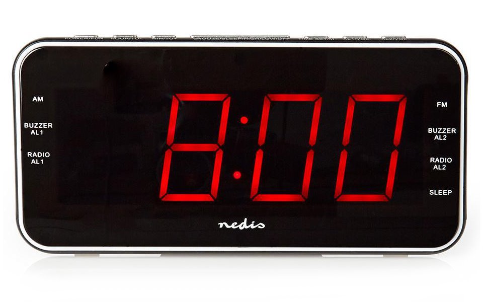 NEDIS digitální budík s rádiem/ LED displej/ 3,5 mm jack/ AM/ FM/ odložené buzení/ časovač vypnutí/ 2 alarmy/ černý