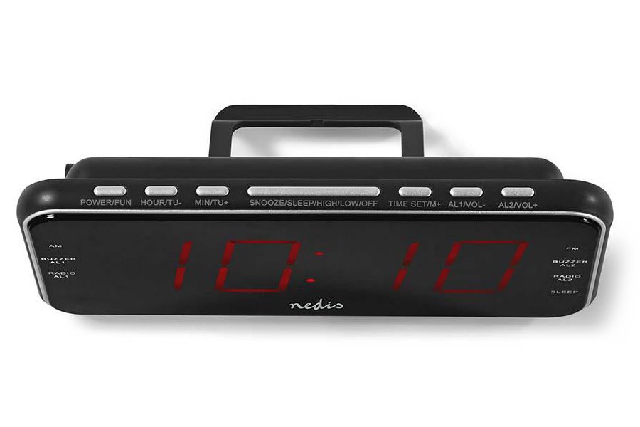 NEDIS digitální budík s rádiem/ LED displej/ 3,5 mm jack/ AM/ FM/ odložené buzení/ časovač vypnutí/ 2 alarmy/ černý