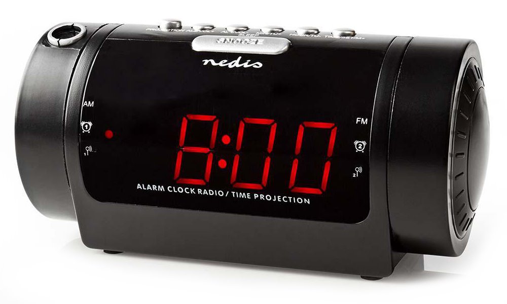 NEDIS digitální budík s rádiem/ LED displej/ promítání času/ AM/ FM/ odložené buzení/ časovač vypnutí/ 2 alarmy/ černý